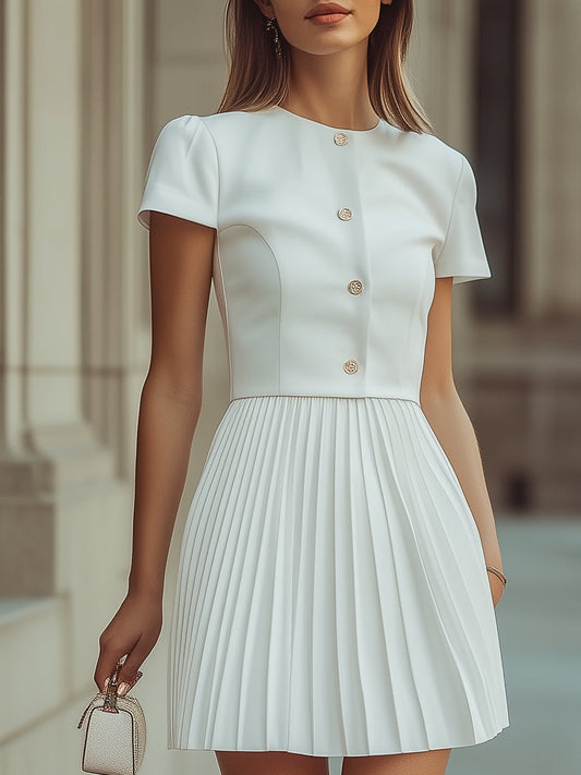 Elegant White Pleated Short Sleeve Button Dress