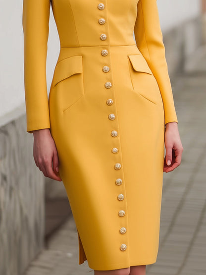 Elegant Golden Button-Front Structured Midi Dress