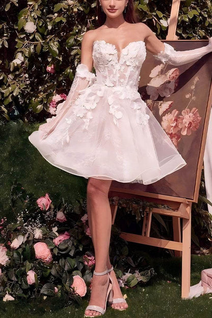 3D Floral Applique Strapless Tulle Mini Wedding Dress with Detachable Sleeves