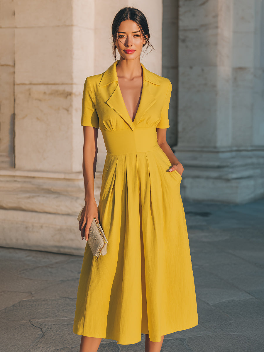 short sleeve yellow dress Collared Short-Sleeve Midi Dress With Structured Waist – VOS LEE