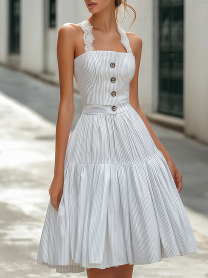 Striped Lace Strap Pleated Midi Dress Wedding Guest Dresses