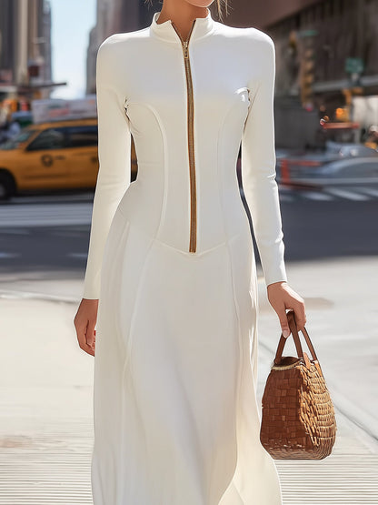 Ivory High-Collar Zip-Front Maxi Dress