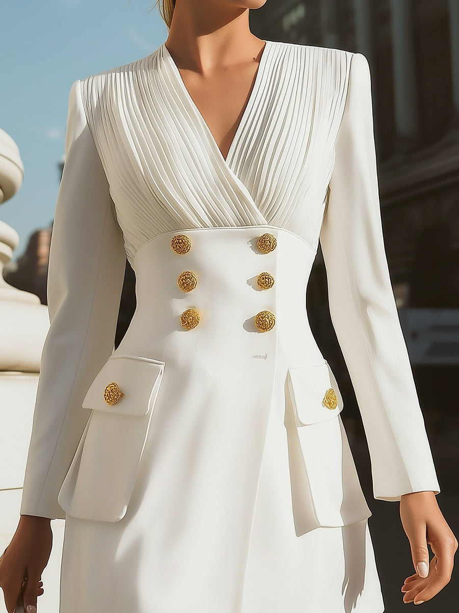 White Pleated Bodice Blazer Dress With Gold Buttons