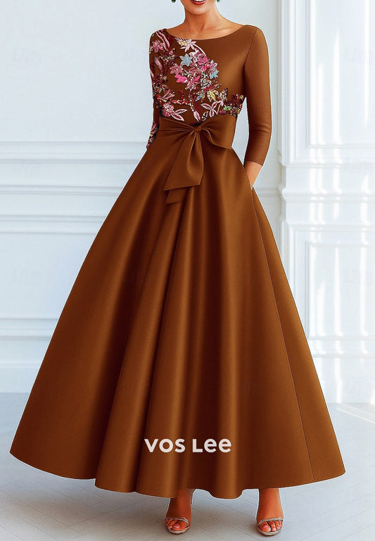 A-Line 3/4 Sleeve Scoop Appliques Ankle-Length Evening Dresses with Pocket
