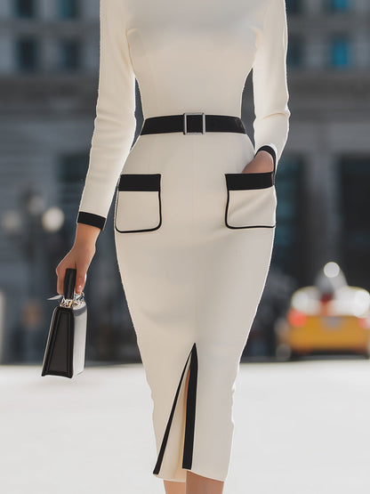 Legant White Midi Dress With Black Contrast Trim And Belt