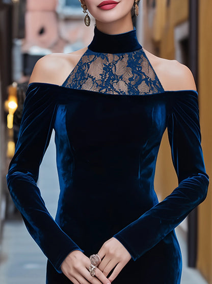 Elegant Velvet Off-Shoulder Lace Panel Midi Dress