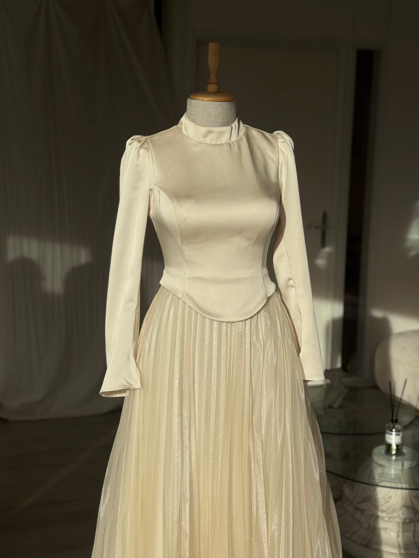 High Neck Long Sleeve Satin Top Pleated Chiffon  Formal Dress