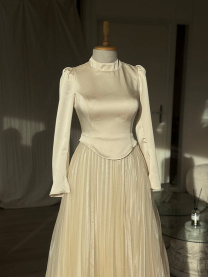 High Neck Long Sleeve Satin Top Pleated Chiffon  Formal Dress