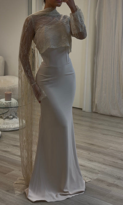 Elegant Satin Mermaid Formal Dress | Detachable Lace Cape & Long Sleeves
