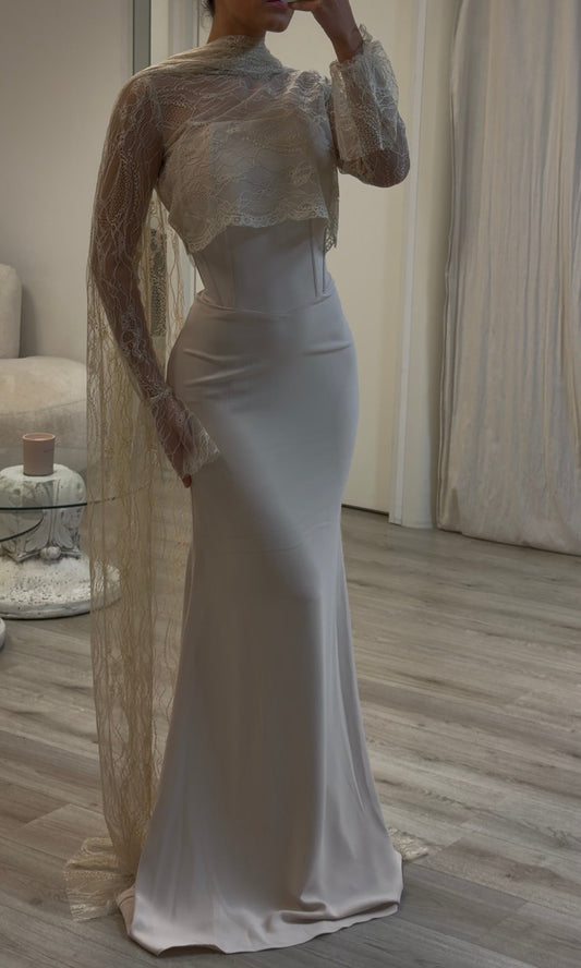 Elegant Satin Mermaid Formal Dress | Detachable Lace Cape & Long Sleeves