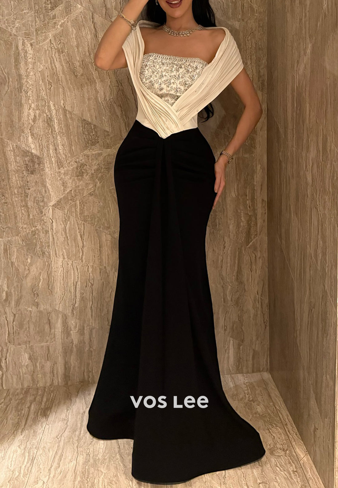 Off the Shoulder Rhinestone Embellished Floor-Length Mermaid Evening Dresses