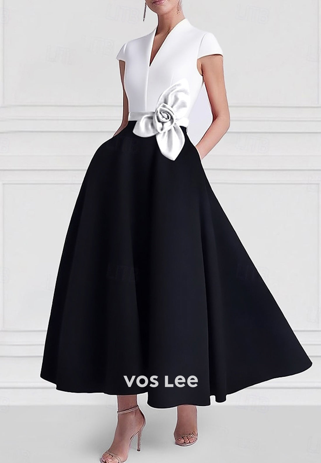 A-Line V Neck Short Sleeve Floral Embossed Ankle-Length Evening Dresses