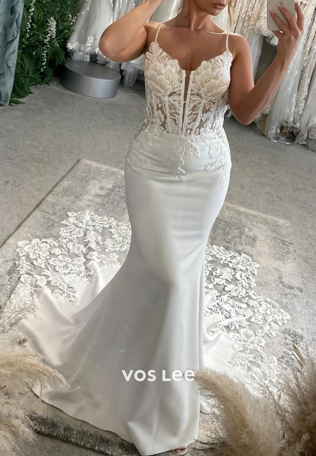 Spaghetti Straps V Neck Appliques Lace Mermaid Wedding Dresses with Chapel Train