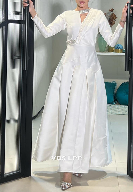 A-Line Long Sleeve V Neck Ankle-Length Ruched Evening Dresses