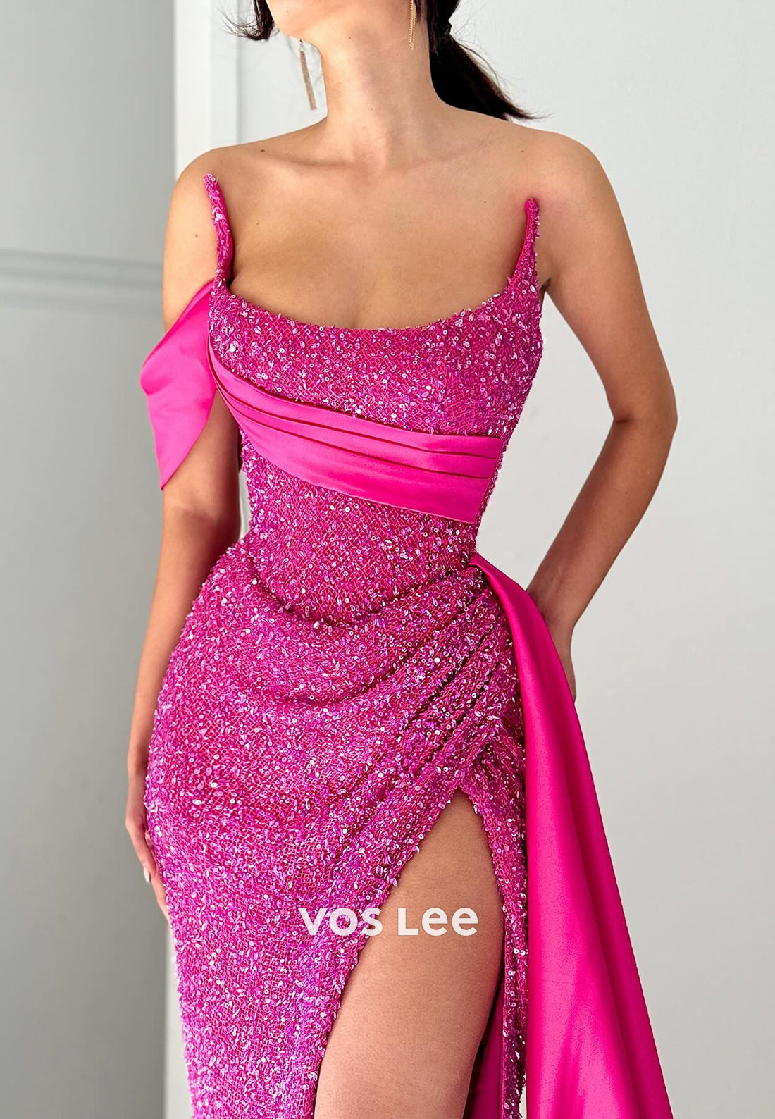 One Shoulder Fully Sequined Pleated Mermaid Long Evening Dresses with Sweep Train