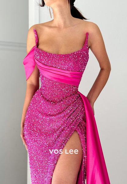 One Shoulder Fully Sequined Pleated Mermaid Long Evening Dresses with Sweep Train