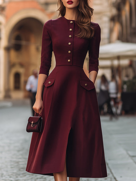 Vintage-Inspired Burgundy Button-Down Midi Dress