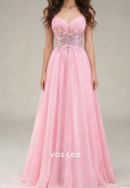 Pink Spaghetti Straps A Line Tulle Long Prom Dresses With Beading Sequins