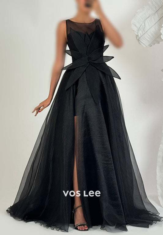 Classic & Timeless A-Line Illusion Neck Flowers Beading Long Prom Dresses with High Split