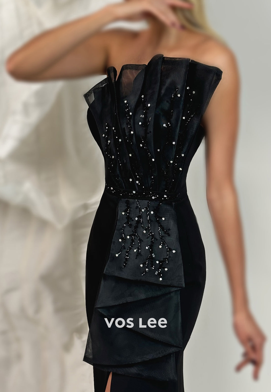 Strapless Rhinestone Beading Embellished Floor-Length Mermaid Prom Dresses with Side Split