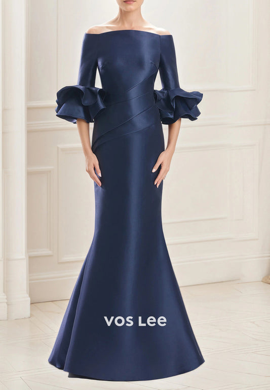 Chic & Modern Half Sleeves Off the Shoulder Ruched Trumpet Mother of Bride Dresses