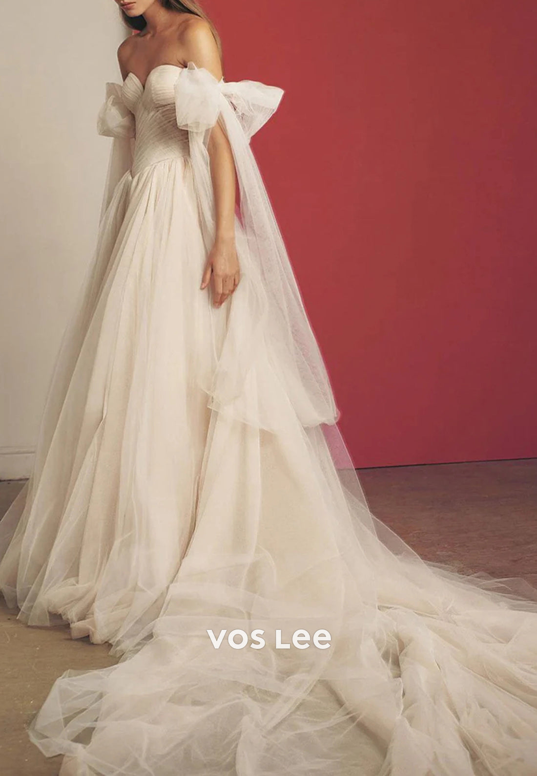 A-Line Off the Shoulder Bowknot Sweetheart Pleated Beach Wedding Dresses with High Split