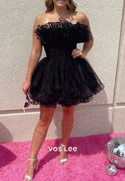 Couture & Classic A-Line Strapless Tulle Pleated Homecoming Dresses