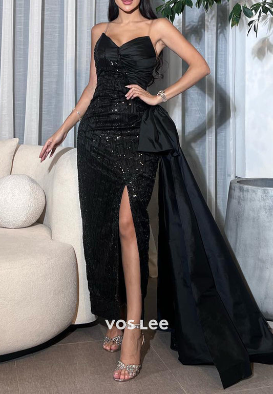 Strapless V Neck Ankle-Length Pleated Mermaid Evening Dresses with High Split