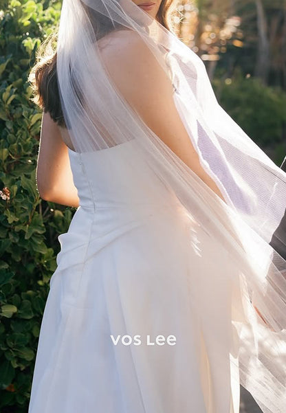 A-Line Strapless High Split Ruched Wedding Dresses with Court Train