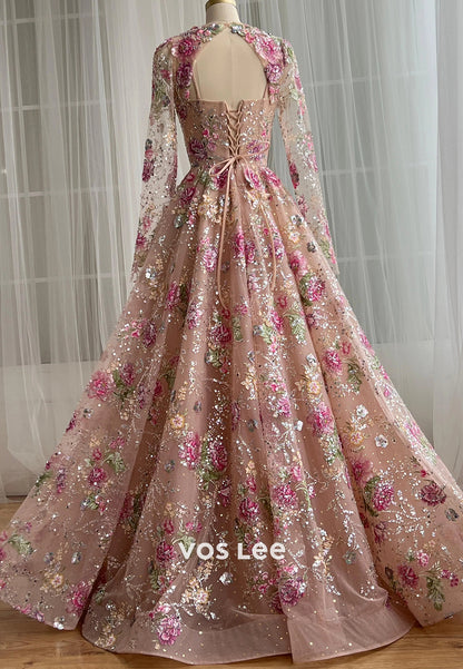 A-Line Long Sleeve Sweetheart Appliques Lace Prom Dresses with Court Train