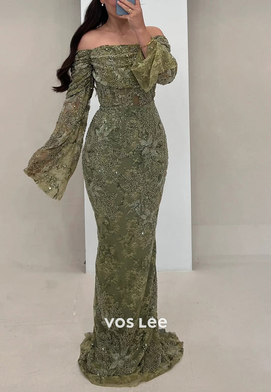 Bell Sleeves Off the Shoulder Fully Lace Appliqued Beaded Sheath Evening Dresses with Split
