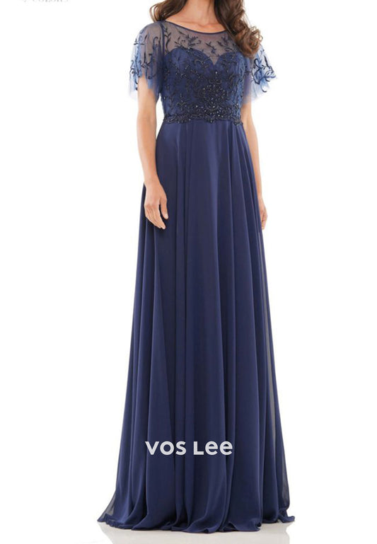 Illusion Neck Short Sleeve Appliques Floor-Length Mother of Bride Dresses