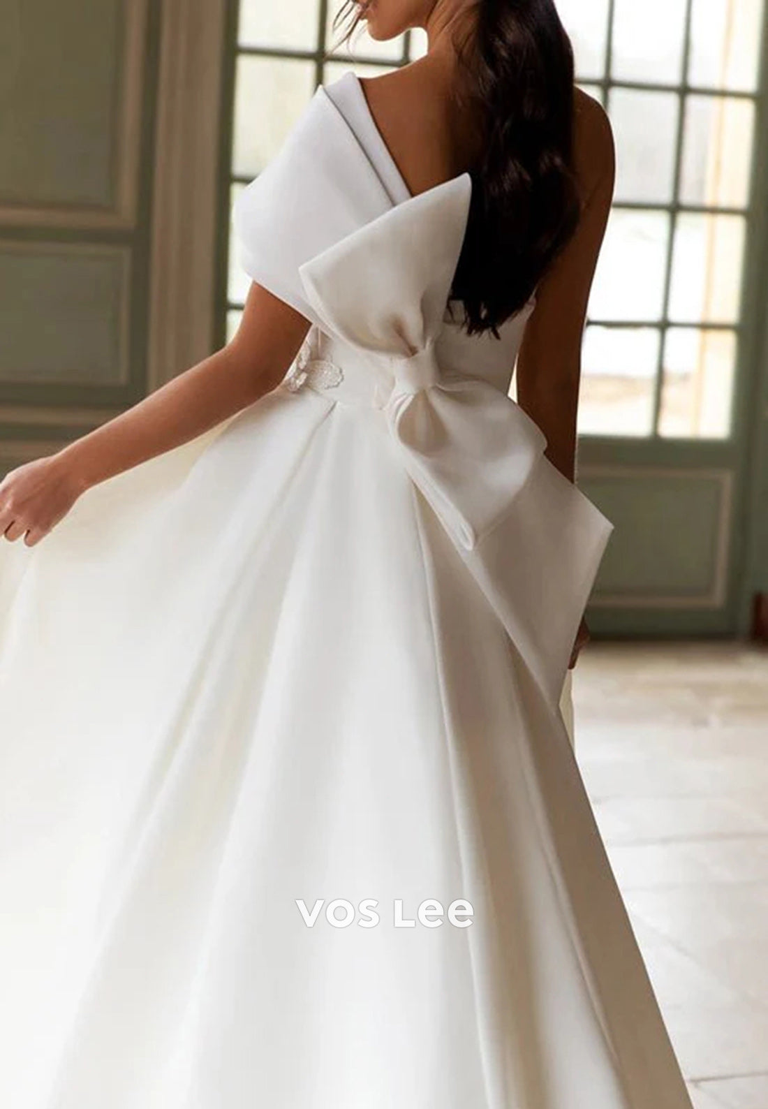 A-Line One Shoulder Appliqued Pleated Split Bowknot Wedding Dresses with Court Train