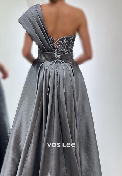 Sparkle & Shine One Shoulder Pleated Sheath Long Evening Dresses with Court Train