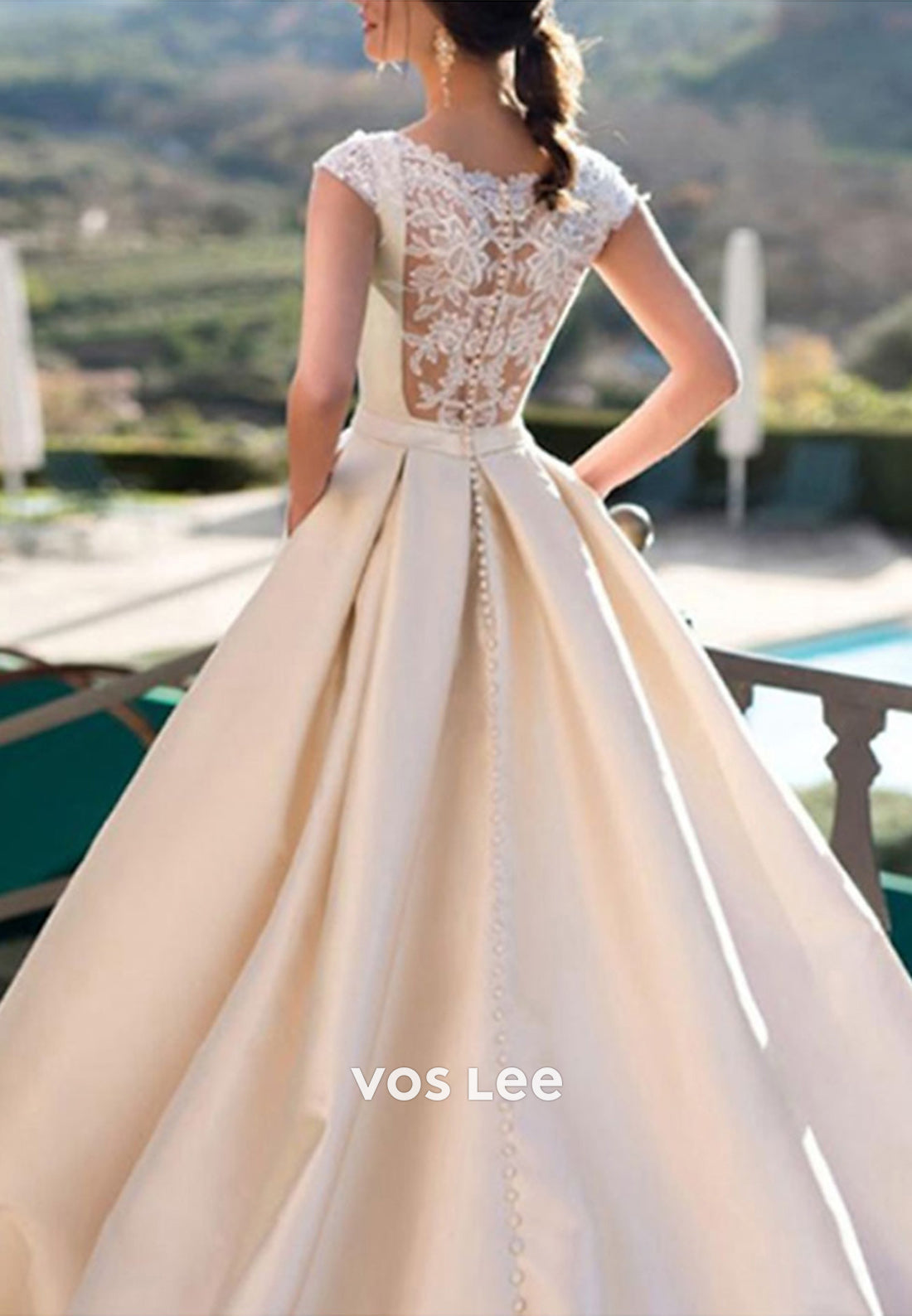 Classic & Simple A-Line Cap Sleeves Appliques Lace Wedding Dresses with Pockets