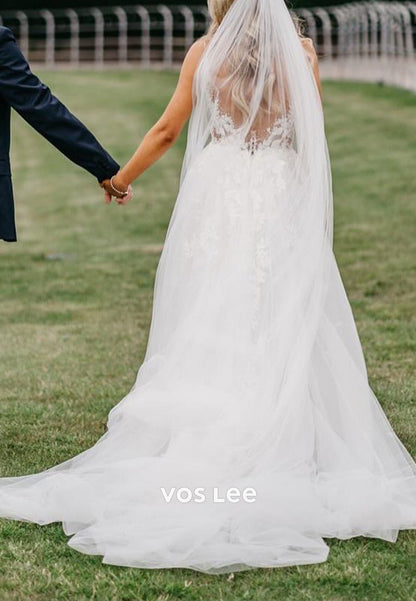 A-Line V Neck Appliques Lace Pleated Tulle Wedding Dresses with Court Train