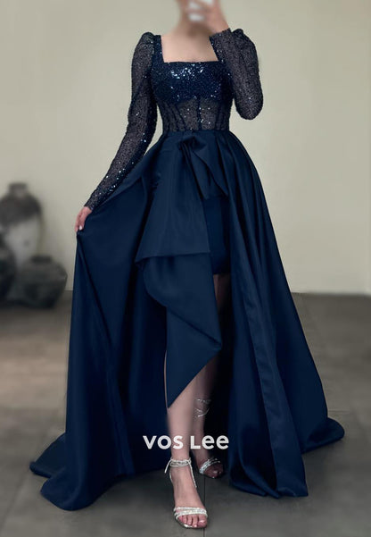 Chic & Modern High Low Long Sleeve Square Sequined Evening Dresses with Court Train