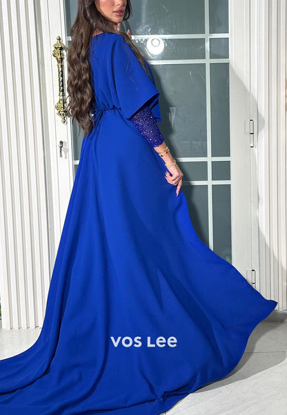 Simple Long Sleeve V Neck Royal Blue Sheath Evening Dresses with Sweep Train