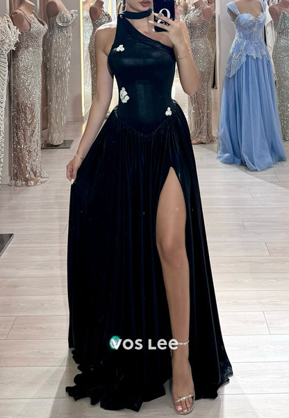 Black A-Line One Shoulder Flowers Pleated Prom Dresses with High Split