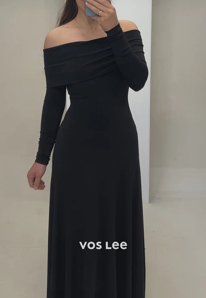 Classic A-Line Long Sleeve Off the Shoulder Pleated Floor-Length Evening Dresses