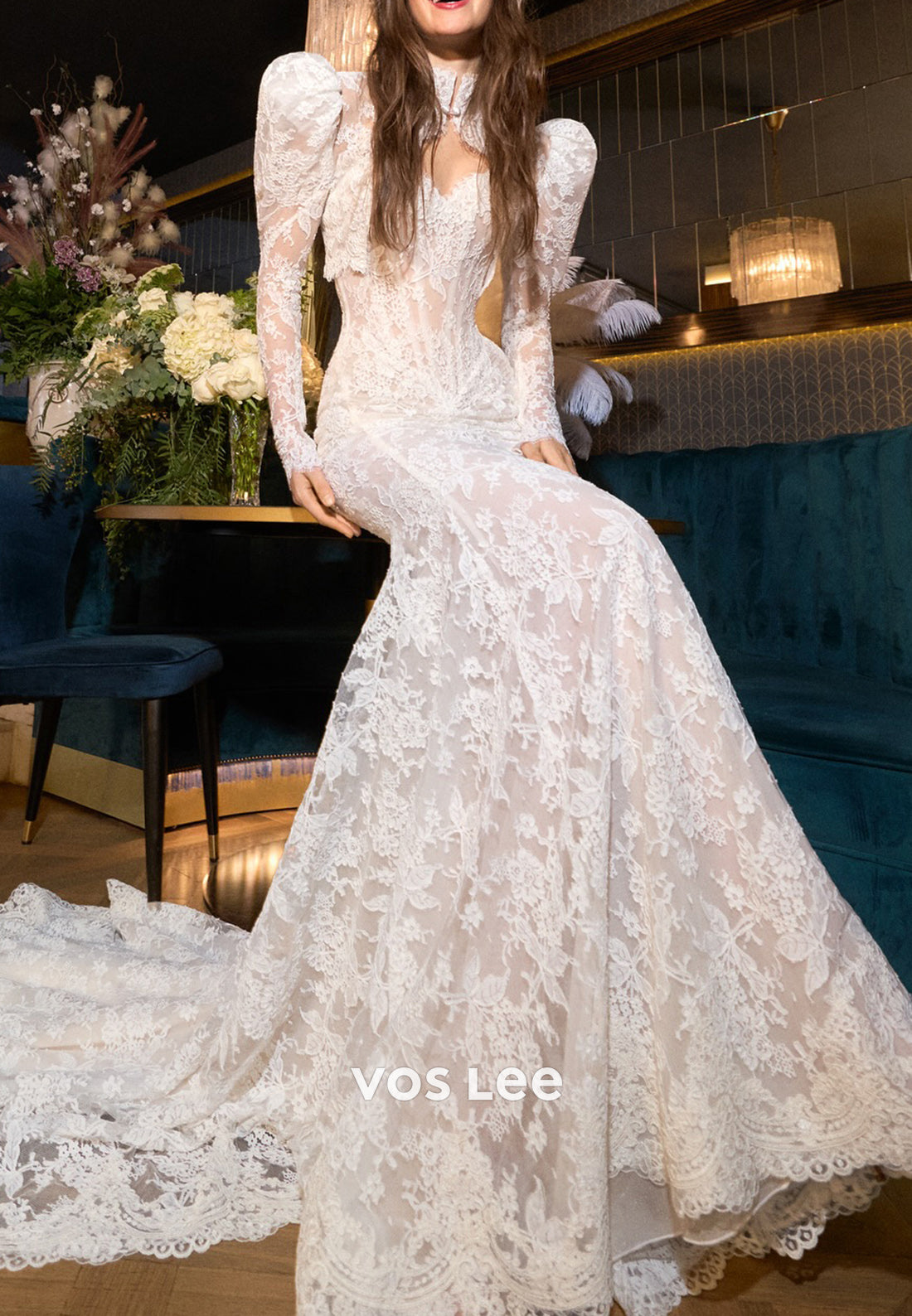 Two Pieces Long Sleeve High Neck Appliques Lace Mermaid Wedding Dresses with Sweep Train