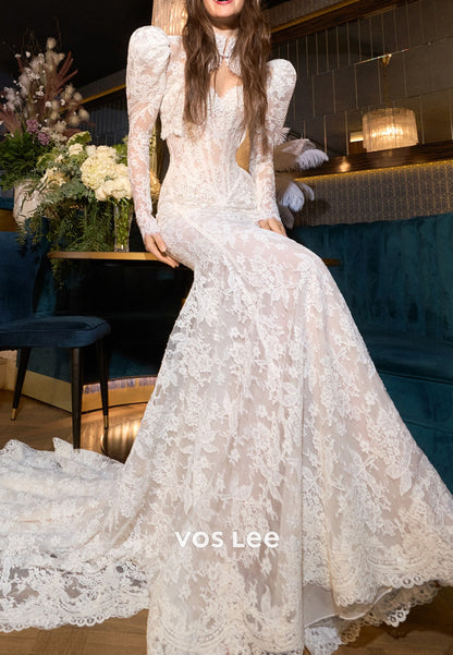 Two Pieces Long Sleeve High Neck Appliques Lace Mermaid Wedding Dresses with Sweep Train