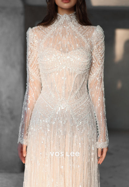 Fully Beaded Long Sleeve Illusion Neck Sheath Wedding Dresses with Sweep Train