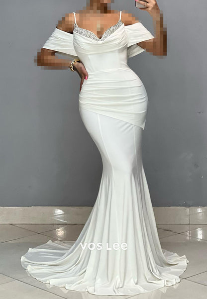 Off the Shoulder Spaghetti Straps Rhinestone Mermaid Evening Dresses with Sweep Train