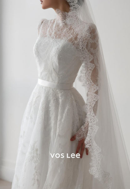 Long Sleeve Illusion Neck Appliques Lace Wedding Dresses with Chapel Train