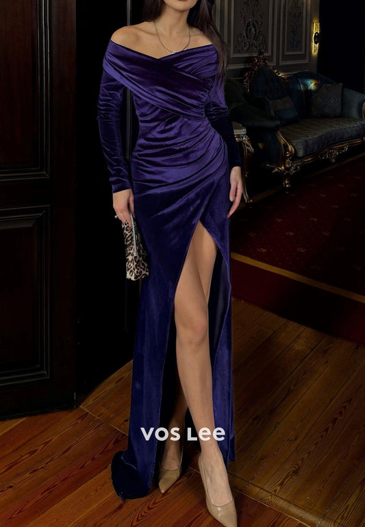 Regency Long Sleeve Off the Shoulder Mermaid Evening Dresses with High Split