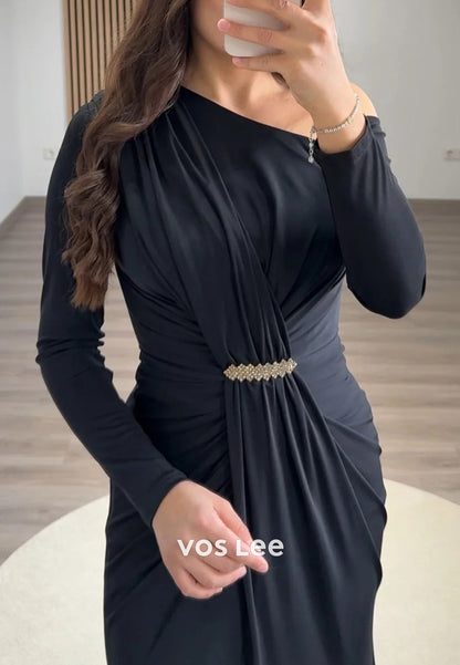 Long Sleeve One Shoulder Rhinestone Pleated Mermaid Evening Dresses with Sweep Train