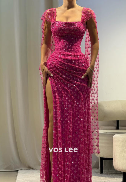 Square Sequins Embellished Mermaid Prom Dresses with High Split