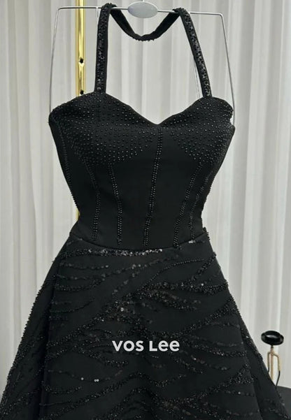 Sparkling Mini and Short A-Line Halter Straps Sweetheart Sequins Prom Dresses