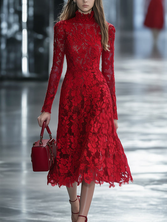 Elegant Red Floral Lace Dress